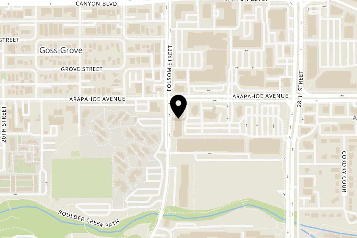 Map showing the location of Tiffins India Cafe on 2416 Arapahoe Ave in Boulder